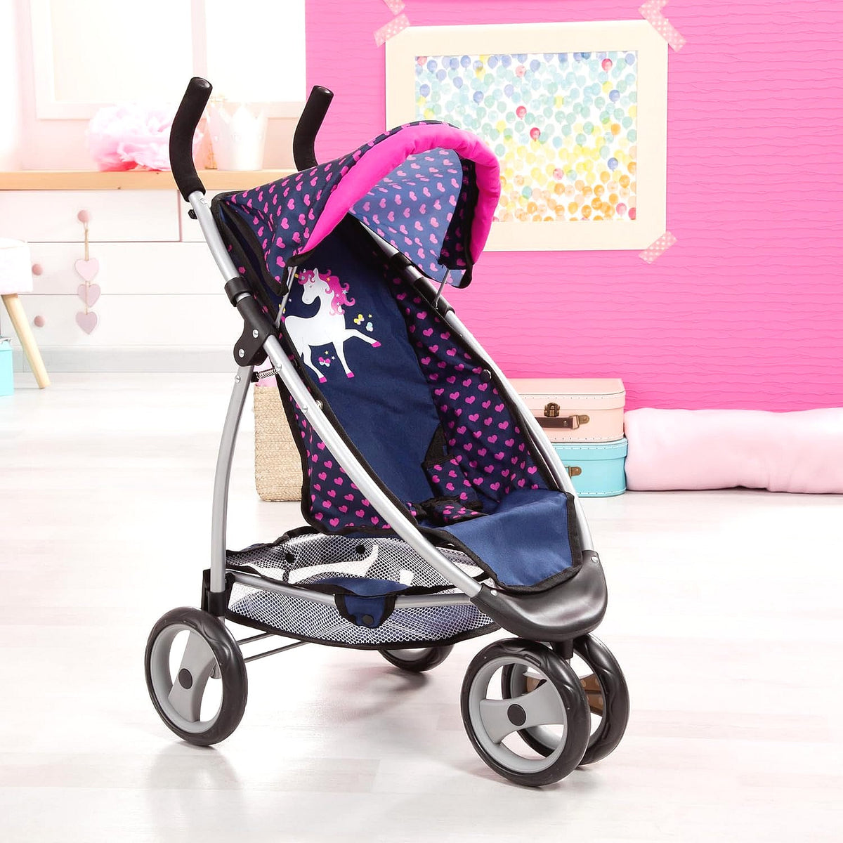 Bayer - Doll Jogger Stroller Pram Navy with Pink Hearts & Unicorn