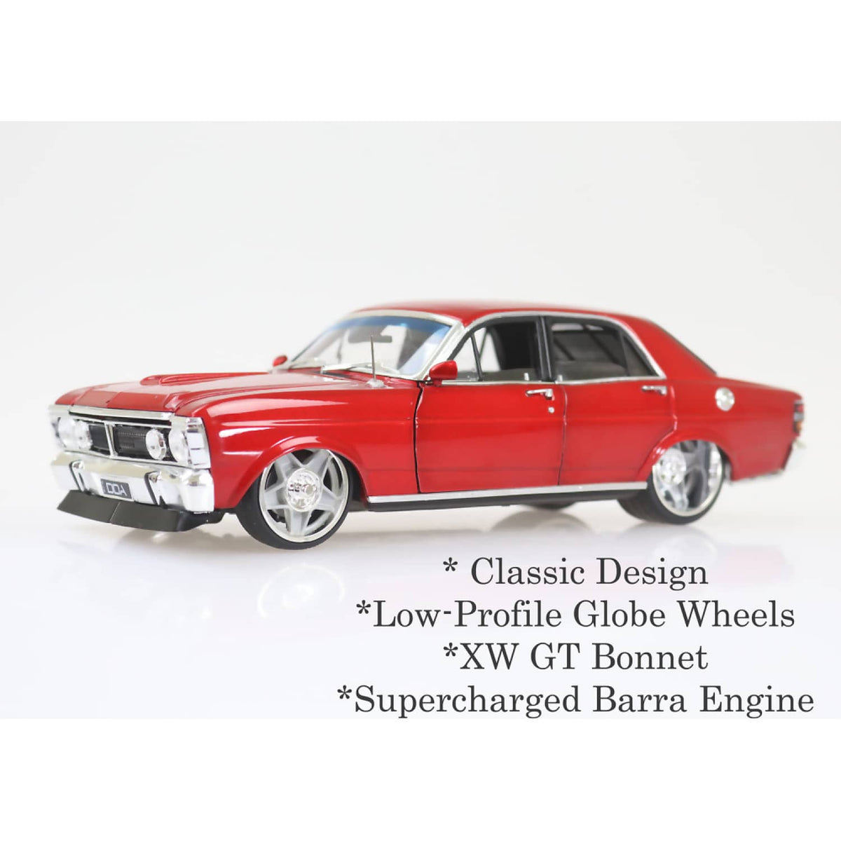 DDA COLLECTIBLES - 1:24 SCALE - CANDY RED XY FORD FALCON CUSTOM WITH SUPER CHARGED BARRA ENGINE - DIECAST MODEL