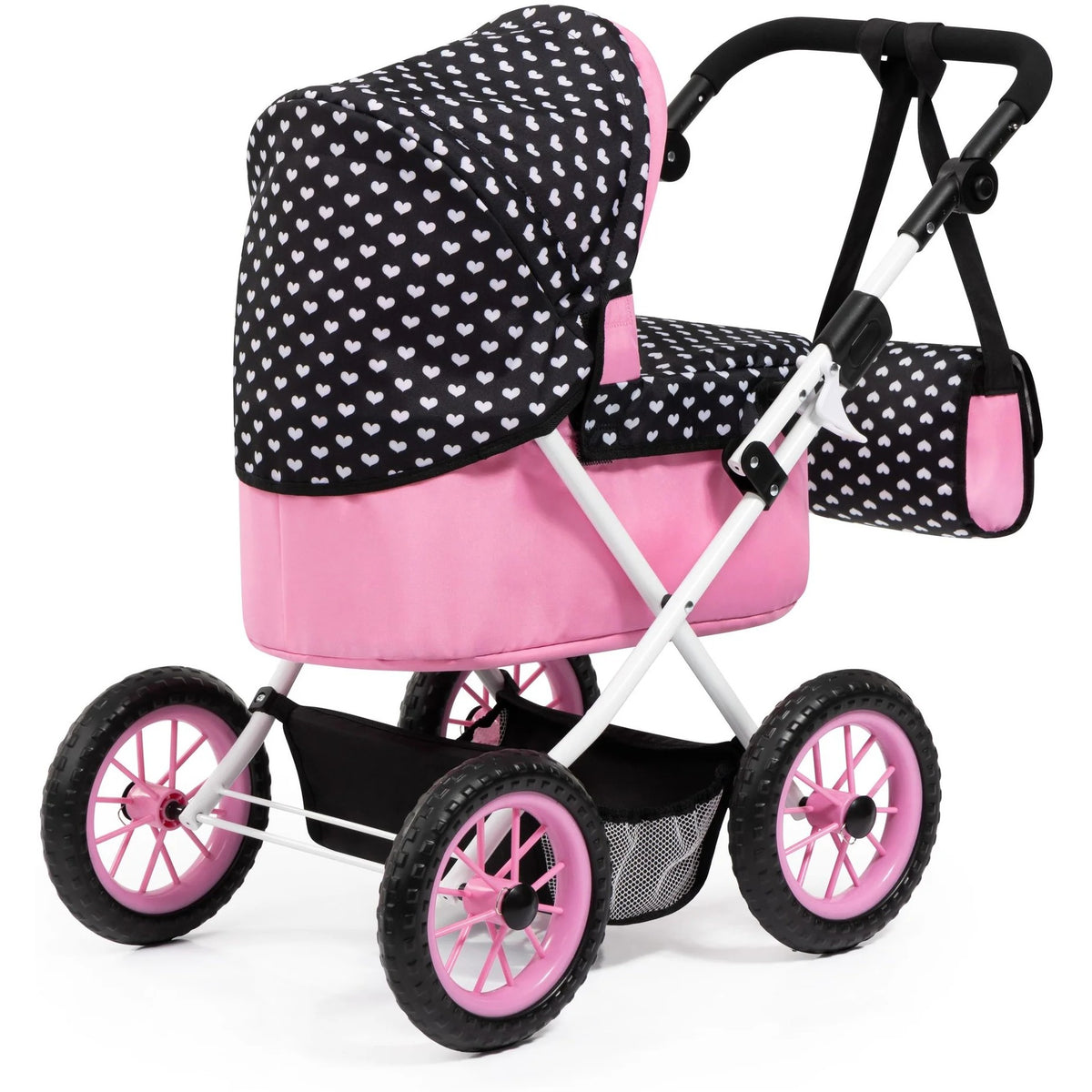 Bayer - Doll Pram Trendy Pink with Black Hood & Pink Bow