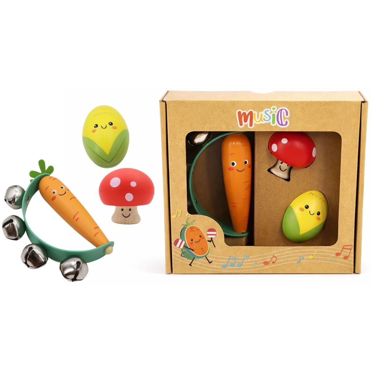 Kaper Kidz - Wooden Veggie 3pcs Musical Set Carrot Mushroom & Corn