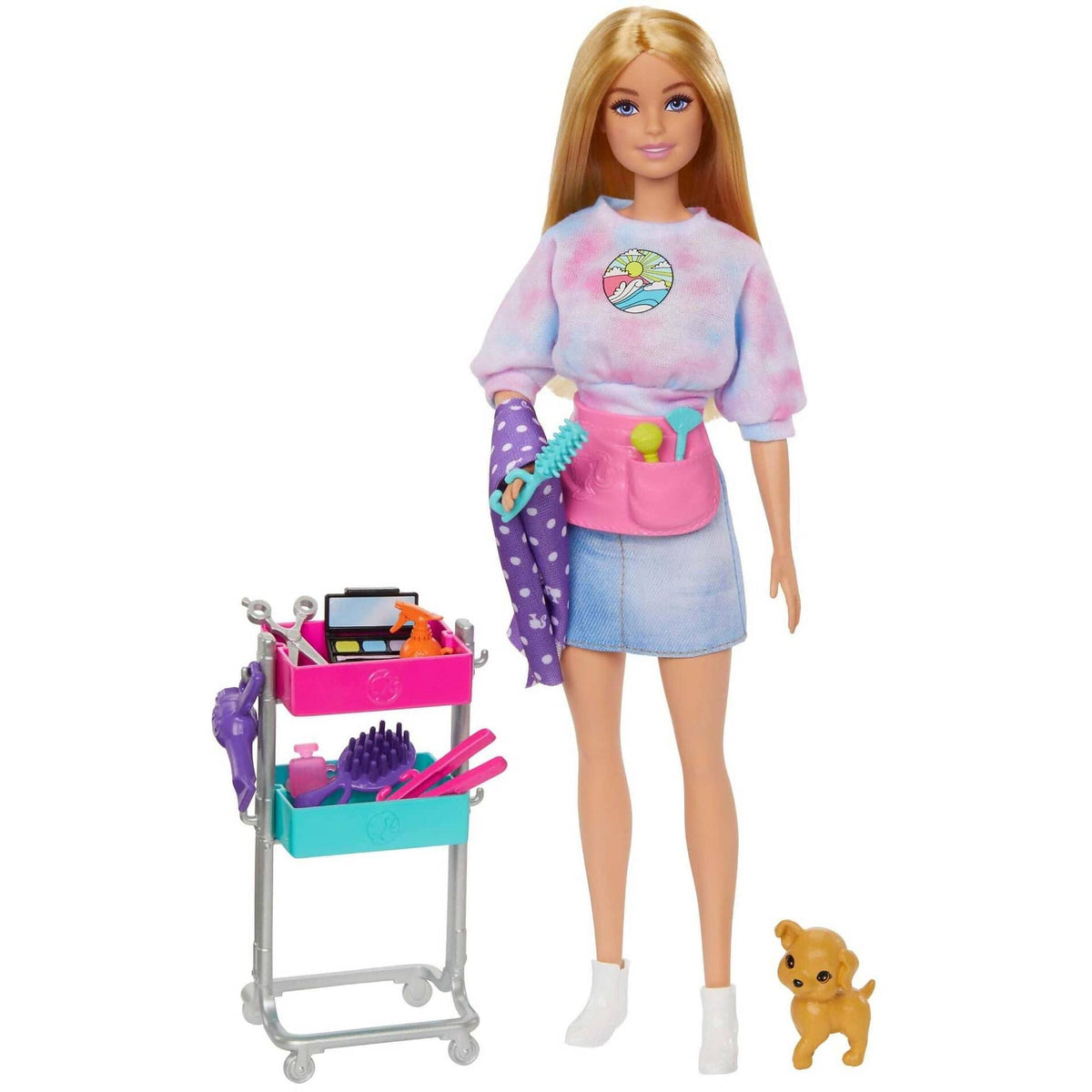 Barbie - malibu Stylist Doll & 14 Accessories Playset Hair & Makeup Theme With Puppy & Styling Cart - Mattel