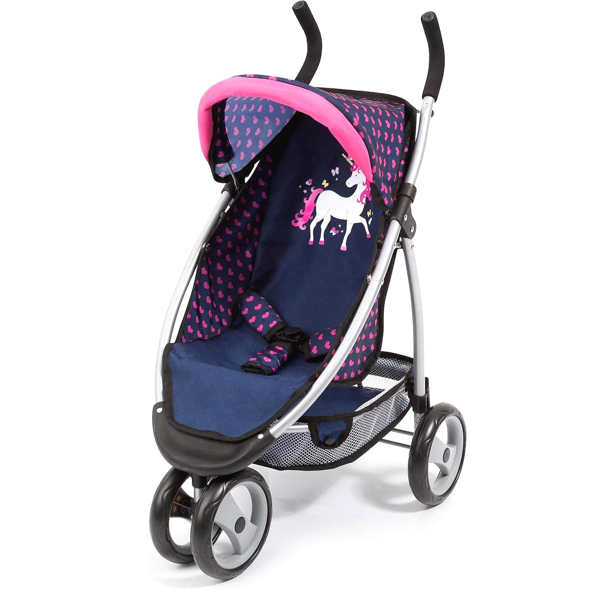 Bayer - Doll Jogger Stroller Pram Navy with Pink Hearts & Unicorn