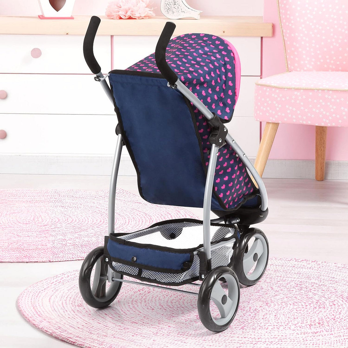 Bayer - Doll Jogger Stroller Pram Navy with Pink Hearts & Unicorn