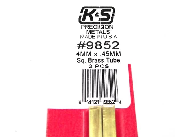 K&S METAL #9852 BRASS SQUARE TUBE 4MM X .45MM X 300MM 2PCS
