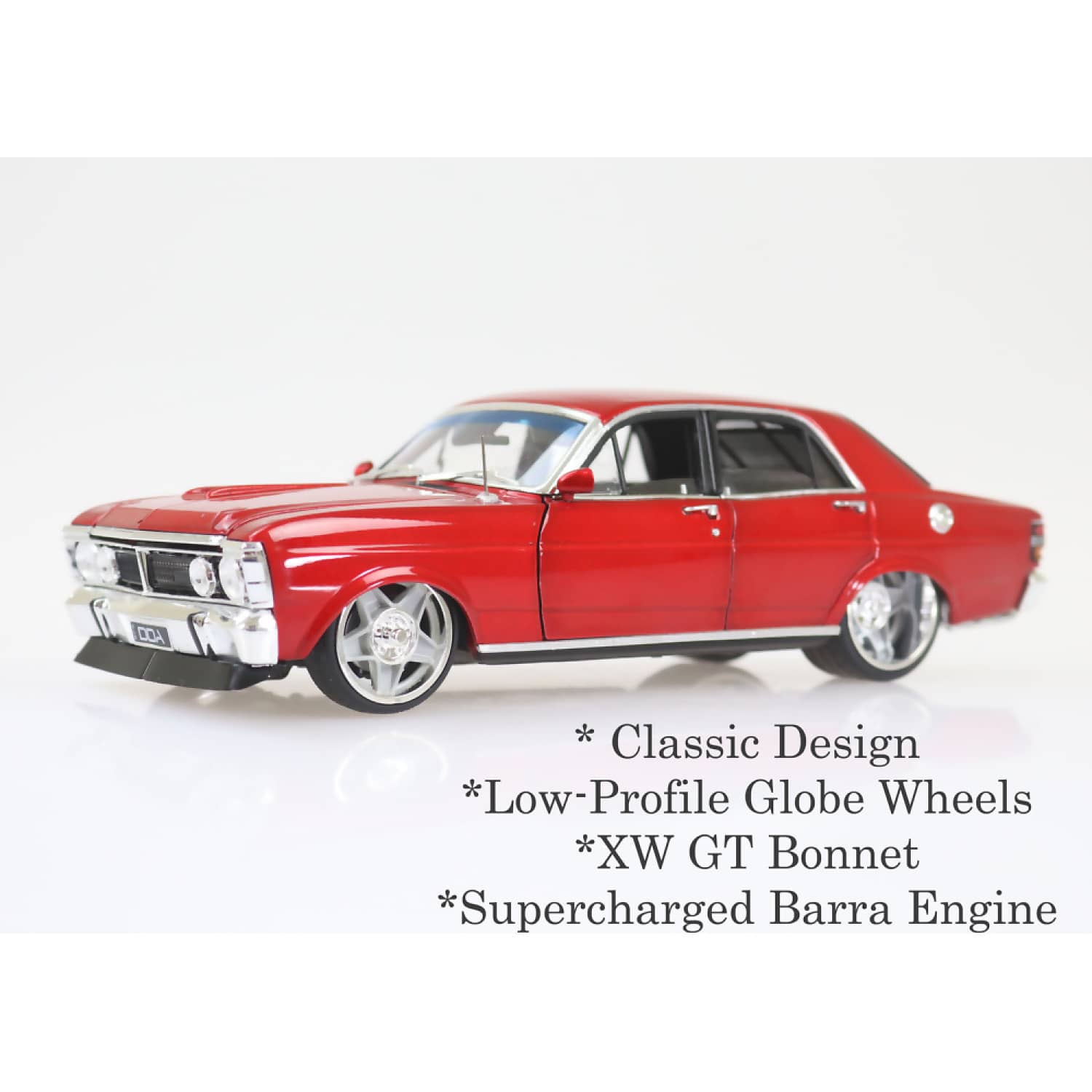 DDA COLLECTIBLES - 1:24 SCALE - CANDY RED XY FORD FALCON CUSTOM WITH SUPER CHARGED BARRA ENGINE - DIECAST MODEL
