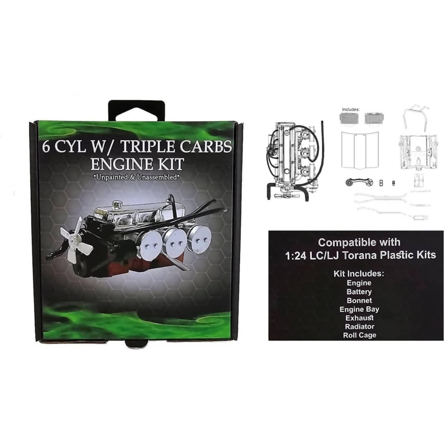 DDA COLLECTIBLES - 1:24 SCALE - LC & LJ 6 CYLINDER TORANA ENGINE WITH TRIPLE CARBS PLASTIC KIT - DIECAST MODEL ACCESSORY
