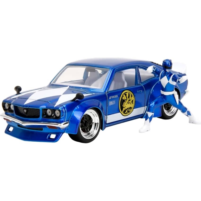 JADA TOYS - POWER RANGERS 1974 MAZDA RX-3 WITH BLUE RANGER 1:24 SCALE DIECAST VEHICLE & FIGURE SET