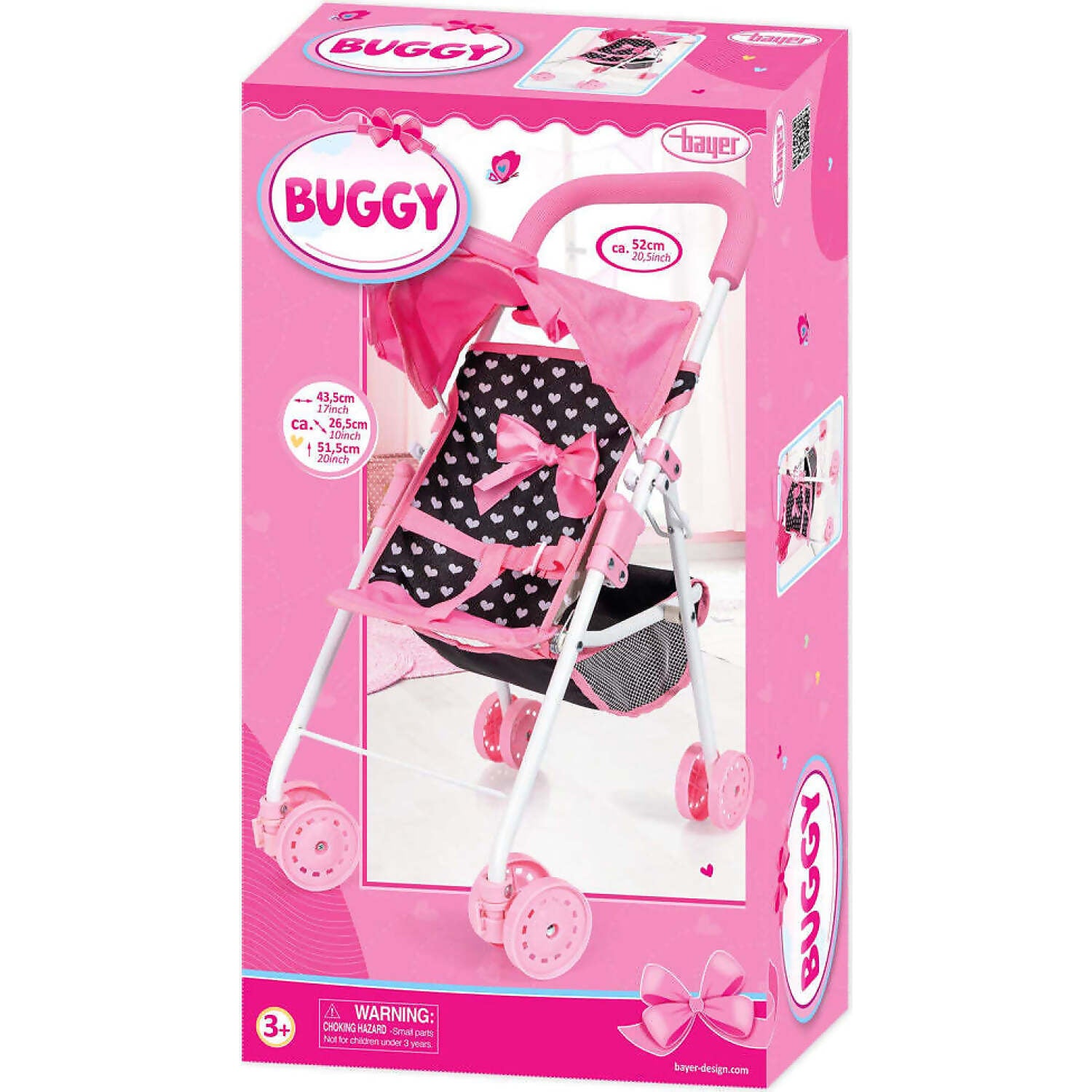 Bayer - Doll Pram Buggy Pink And Black With Pink Bow