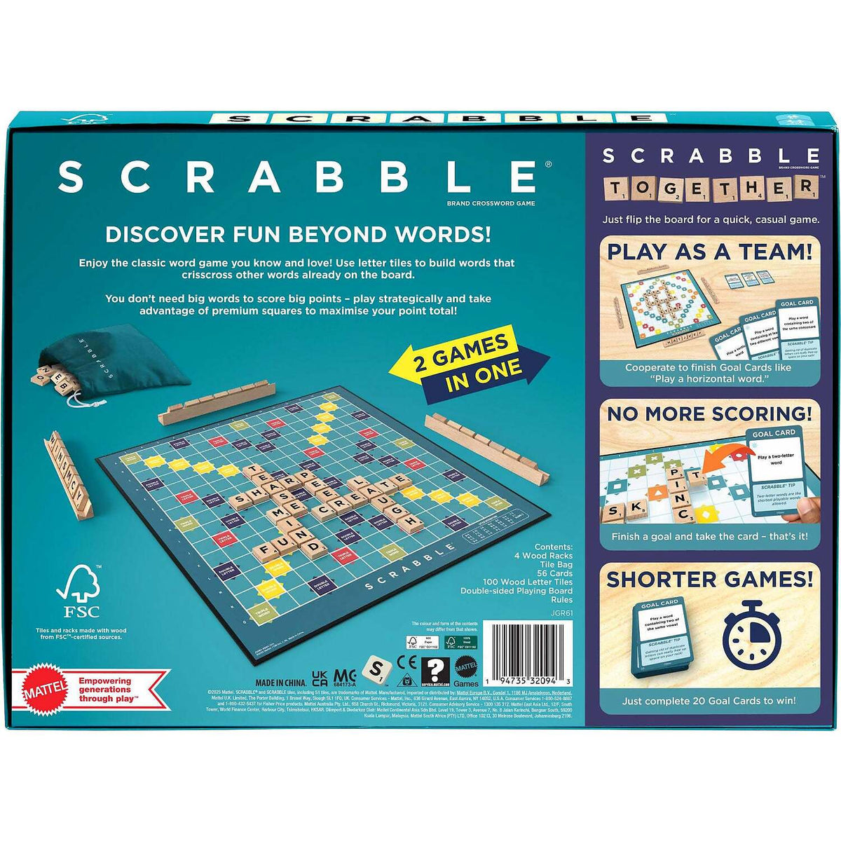 Scrabble - Wood Tiles & Racks 2 GAMES IN 1 - Double-Sided Board Game - Mattel