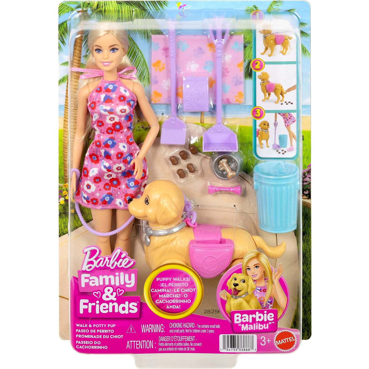 Barbie - Family & Friends Barbie Malibu Walk & Potty Puppy Doll - Mattel