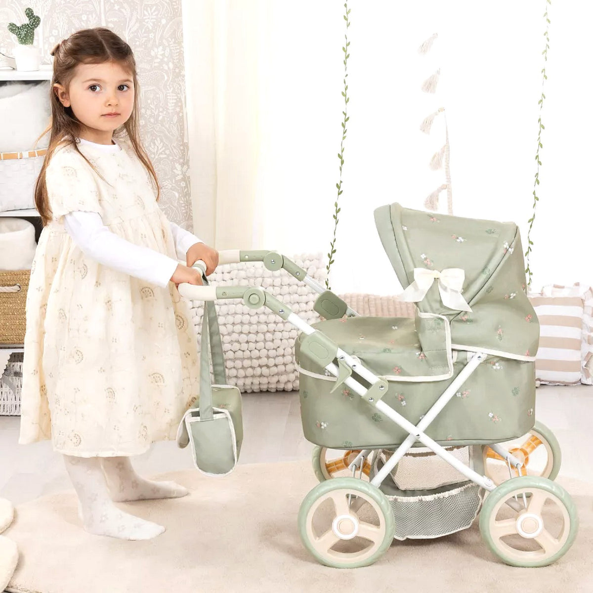 Bayer - Trendy Doll Pram Soft Sage Green with Flowers