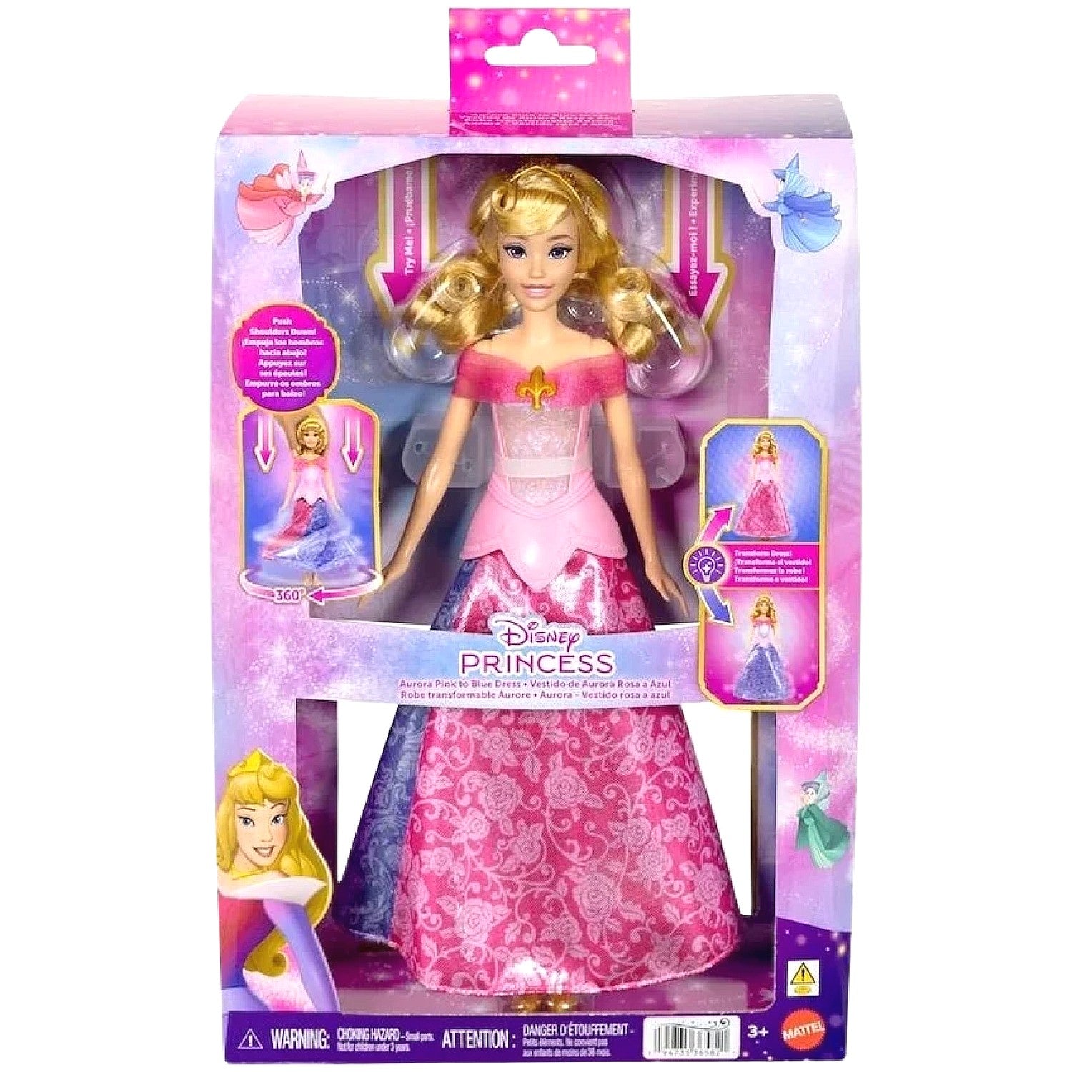 Disney - Princess Pink To Blue Dress Aurora Fashion Doll With Transforming Dress & Lights - Mattel